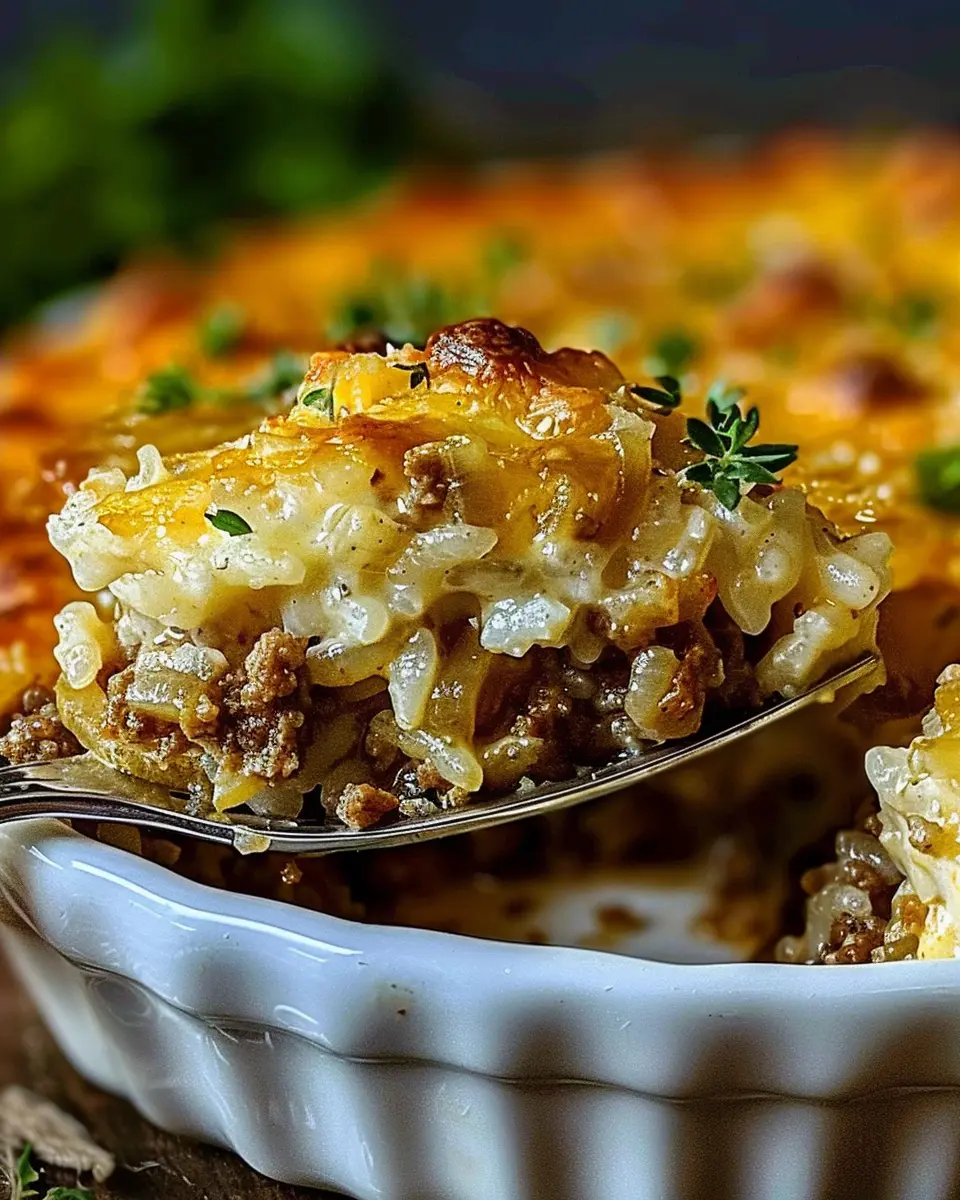 French Onion Ground Beef and Rice Casserole with Turkey Bacon Delight