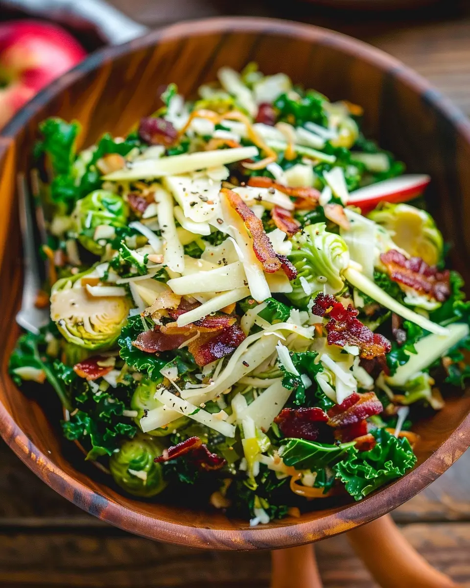 Brussels Sprout Kale Apple Salad with Sharp Cheddar and Turkey Bacon