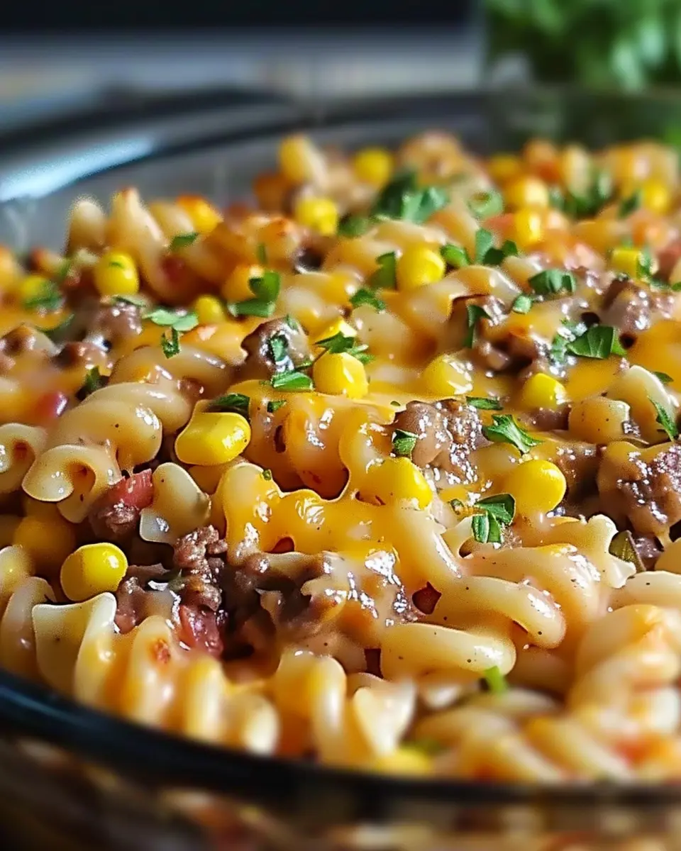 Loaded Cheddar Ranch Beef and Sweet Corn Rotini Bake Delight