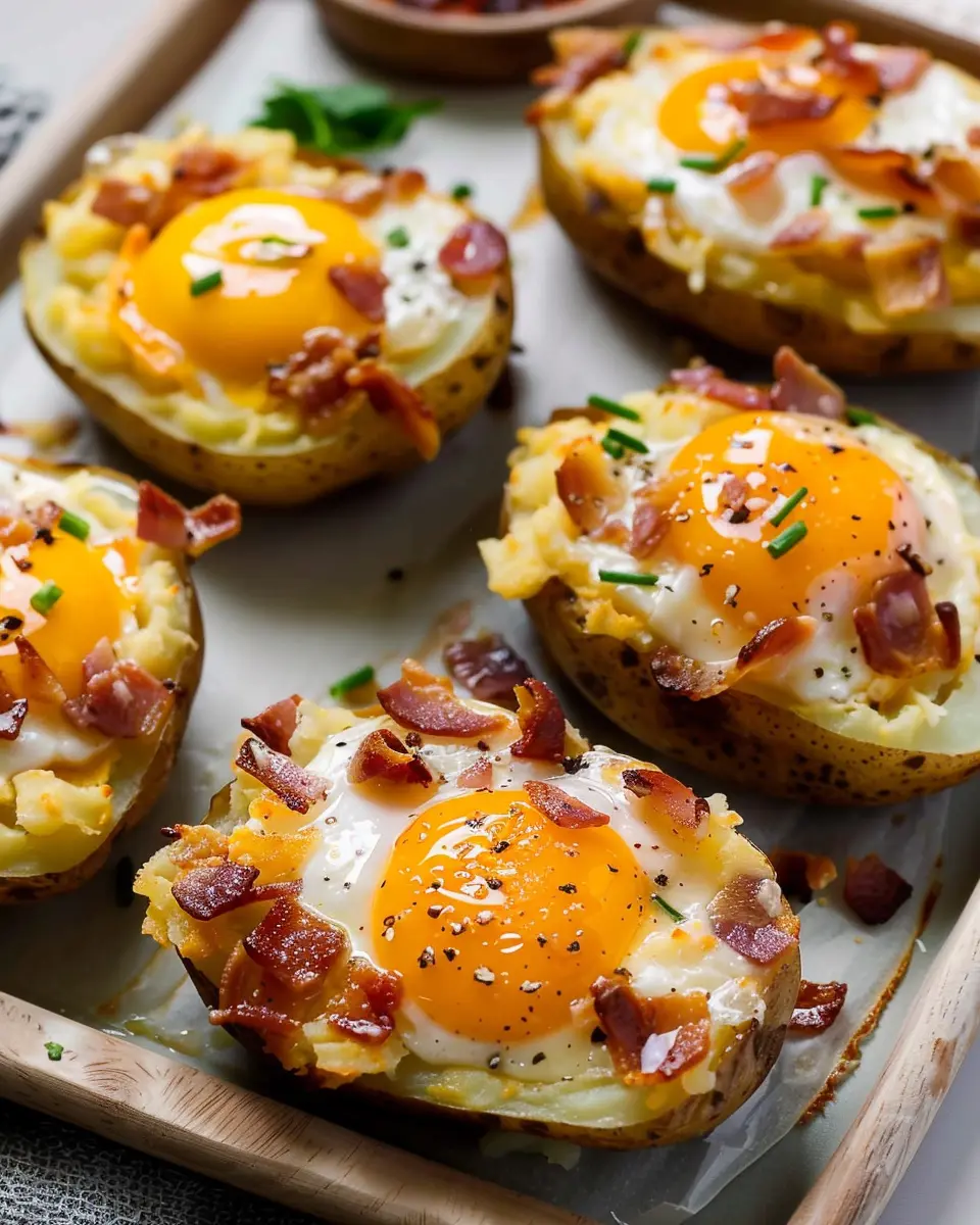 Twice Baked Breakfast Potatoes with Turkey Bacon and Chicken Ham