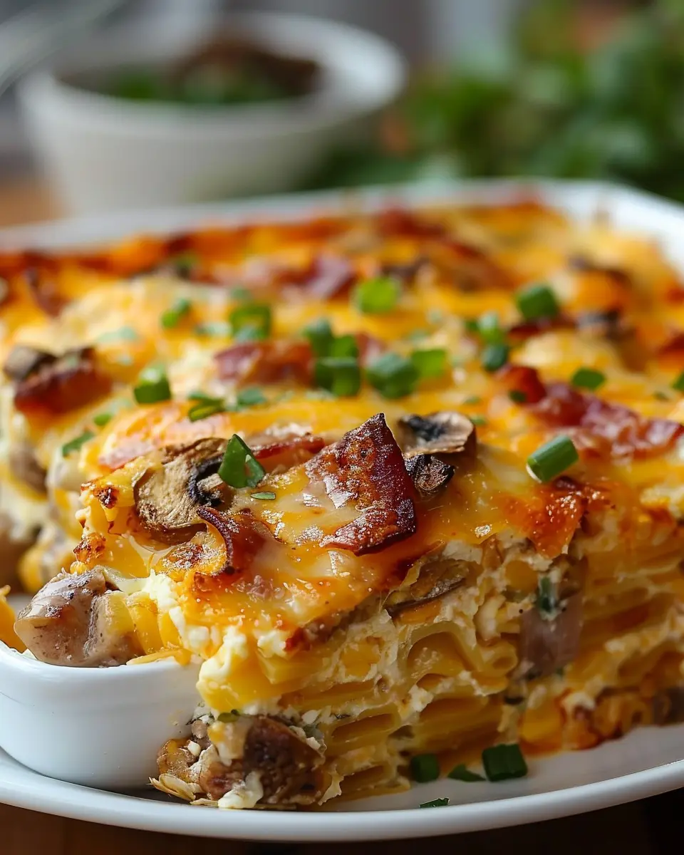 Breakfast casserole with turkey bacon and chicken ham delightfulness
