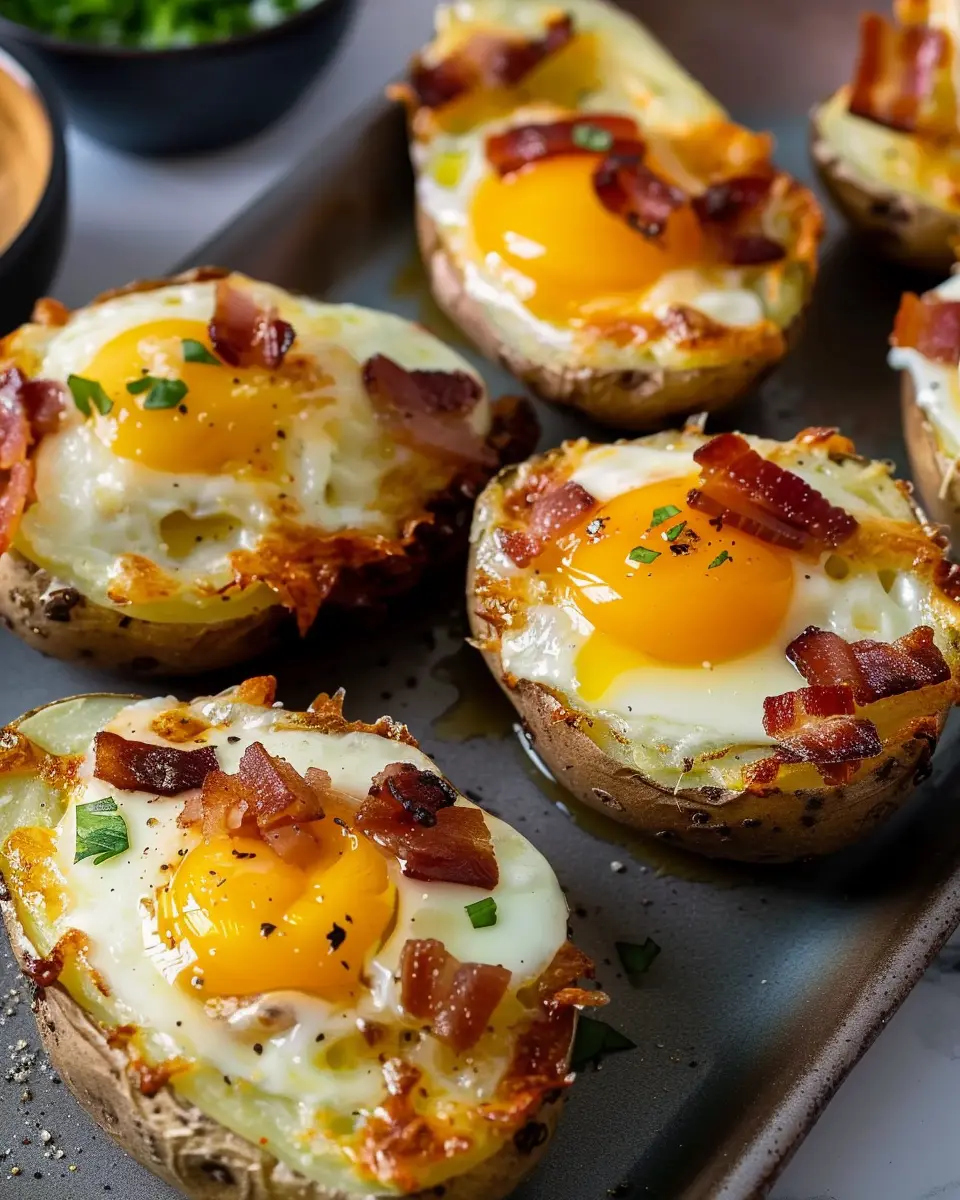 Twice Baked Breakfast Potatoes with Turkey Bacon and Chicken Ham