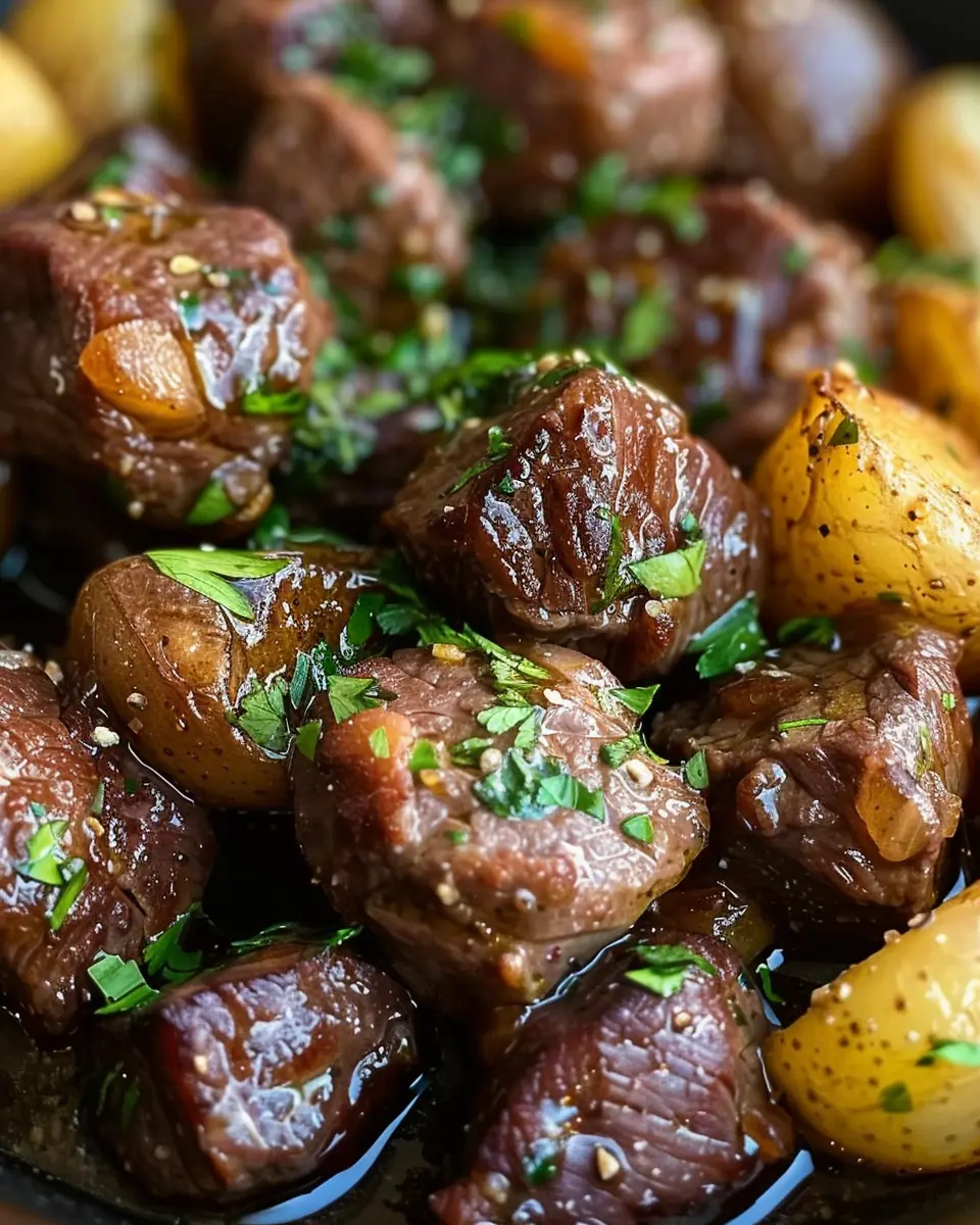 Garlic Butter Beef Bites: Juicy Delights with Roasted Potatoes